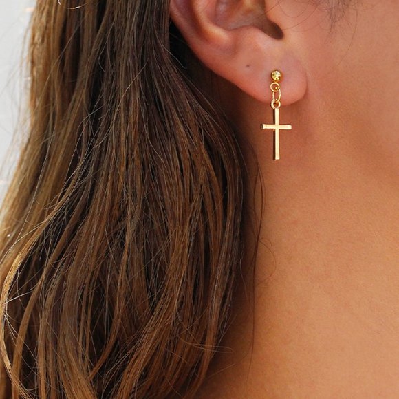Simplistic Dangling Cross Ball Stud Earrings - Picture 2 of 3